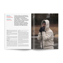 Load image into Gallery viewer, A spread from inside Crease Issue 3 featuring an interview with skateboarder Gino Iannucci. This is a collaborative bundle with a Violent Gentlemen Hockey Club and Crease Periodical Magazine collaborative tee.