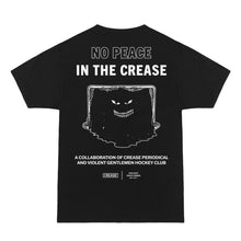 Load image into Gallery viewer, The back view of the Collaborative midweight, black tee from Violent Gentlemen Hockey Club and Crease Periodical Magazine features a hockey net with the phrase 'No Peace for the Crease.'