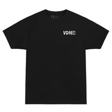 Load image into Gallery viewer, Front of Collaborative midweight, black tee from Violent Gentlemen Hockey Club and Crease Periodical Magazine, featuring the VG and Crease Logo.