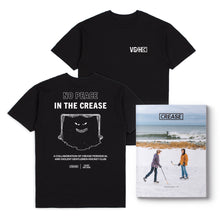 Load image into Gallery viewer, Collaborative midweight, black  tee from Violent Gentlemen Hockey Club and Crease Periodical Magazine, featuring a hockey net with the phrase &#39;No Peace for the Crease.&#39; This shirt comes bundled with the new issue 3 of Crease Periodical Magazine.