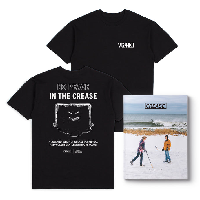 Collaborative midweight, black  tee from Violent Gentlemen Hockey Club and Crease Periodical Magazine, featuring a hockey net with the phrase 'No Peace for the Crease.' This shirt comes bundled with the new issue 3 of Crease Periodical Magazine.