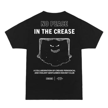 The back view of the Collaborative midweight, black tee from Violent Gentlemen Hockey Club and Crease Periodical Magazine features a hockey net with the phrase 'No Peace for the Crease.'